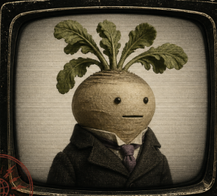 A root vegetable character in a dark suit inside a vintage television